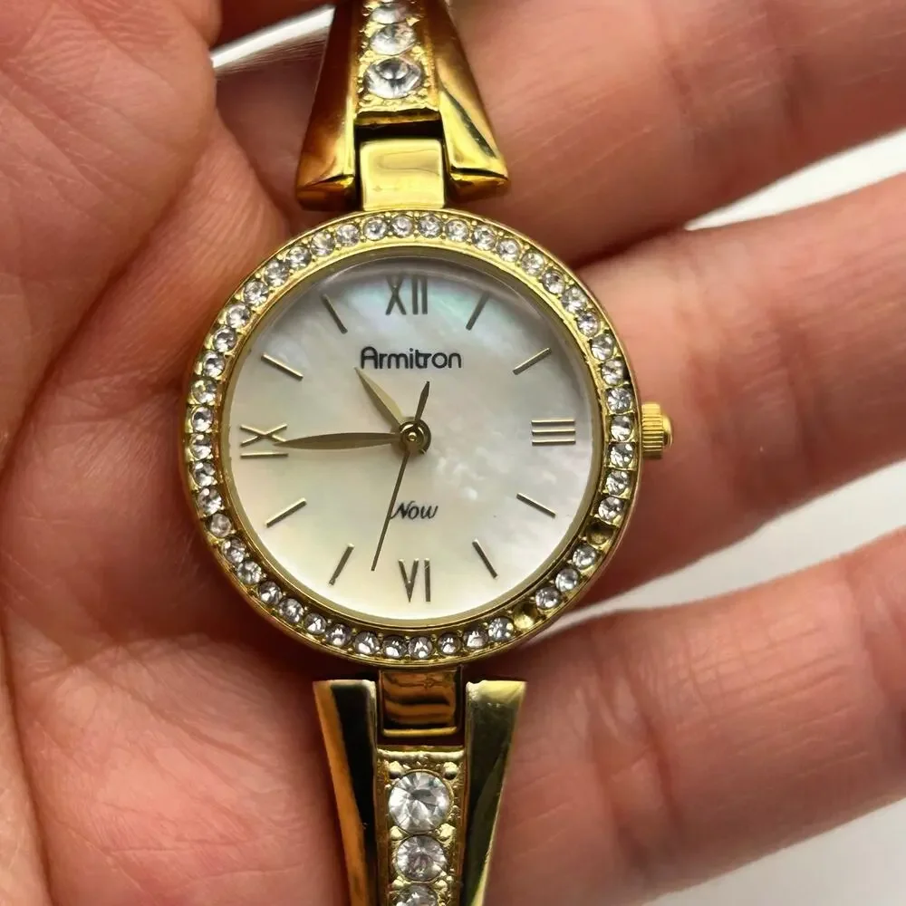 Armitron Now Gold Tone Crystal Bezel Mother Pearl Women’s Watch New Battery